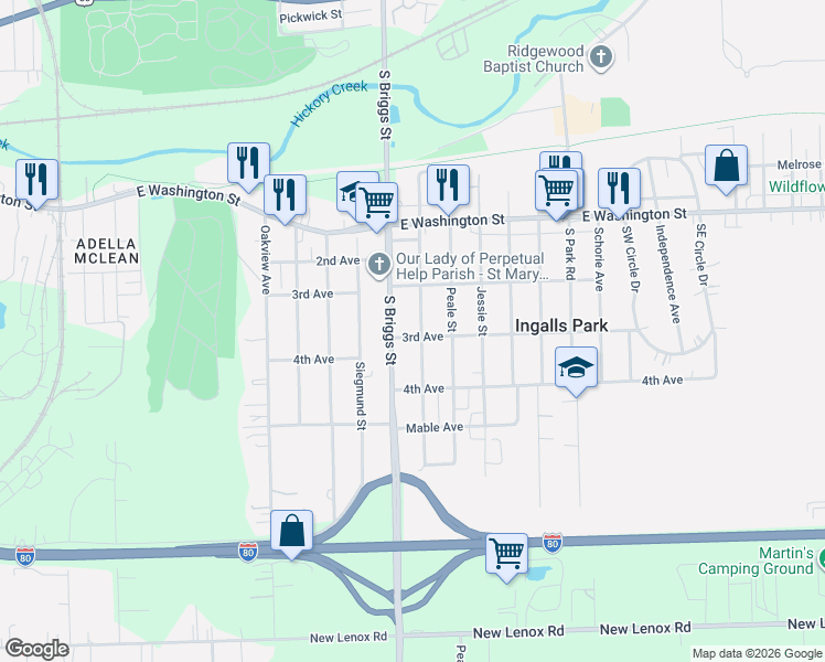 map of restaurants, bars, coffee shops, grocery stores, and more near 210 South Briggs Street in Joliet