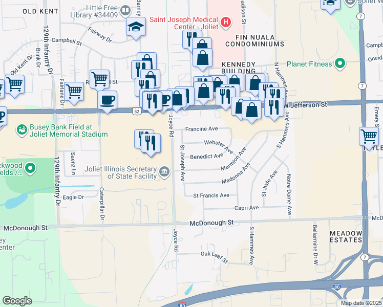 map of restaurants, bars, coffee shops, grocery stores, and more near 2320 Webster Avenue in Joliet