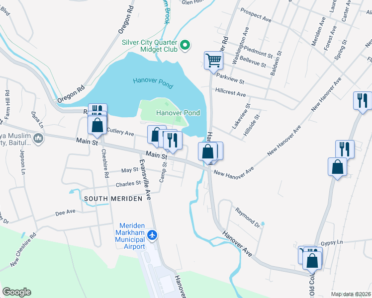 map of restaurants, bars, coffee shops, grocery stores, and more near 27 Cutlery Avenue in Meriden