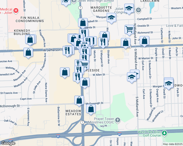 map of restaurants, bars, coffee shops, grocery stores, and more near 120 Emery Street in Joliet