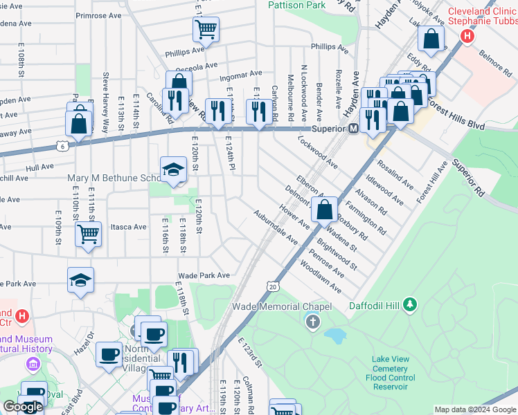 map of restaurants, bars, coffee shops, grocery stores, and more near 12435 Auburndale Avenue in Cleveland