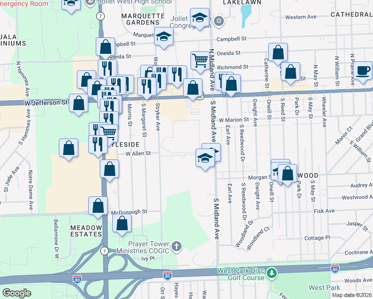 map of restaurants, bars, coffee shops, grocery stores, and more near 1500 Woodbridge Road in Joliet