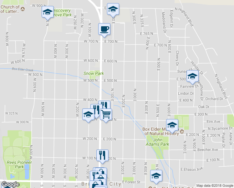 map of restaurants, bars, coffee shops, grocery stores, and more near 438 North 100 East in Brigham City
