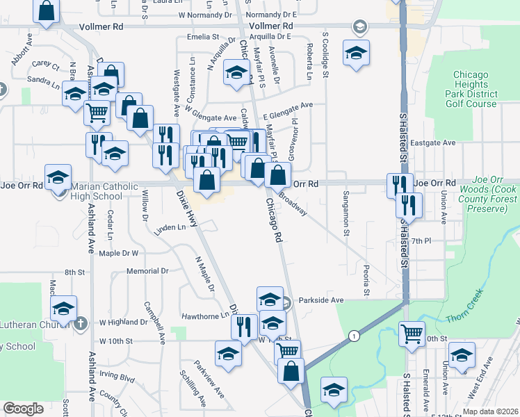 map of restaurants, bars, coffee shops, grocery stores, and more near 630 Chicago Road in Chicago Heights