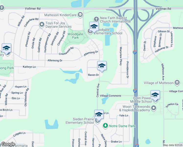 map of restaurants, bars, coffee shops, grocery stores, and more near 5522 Raven Drive in Matteson