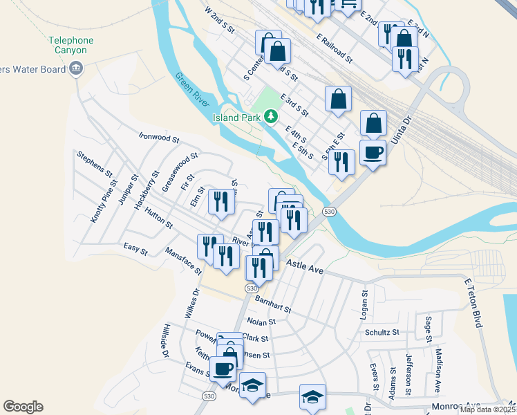 map of restaurants, bars, coffee shops, grocery stores, and more near 225 Aspen St in Green River