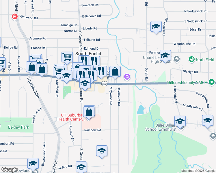 map of restaurants, bars, coffee shops, grocery stores, and more near 4549 Mayfield Road in South Euclid