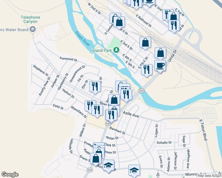 map of restaurants, bars, coffee shops, grocery stores, and more near 225 Aspen St in Green River