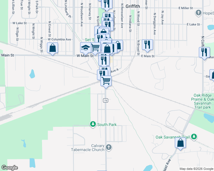 map of restaurants, bars, coffee shops, grocery stores, and more near 213 State Road 73 in Griffith