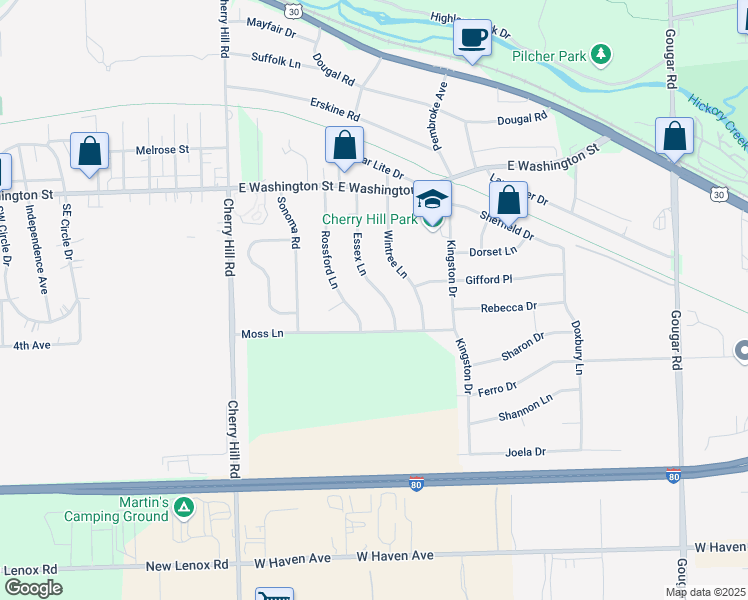 map of restaurants, bars, coffee shops, grocery stores, and more near 350 Essex Lane in New Lenox