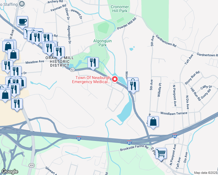 map of restaurants, bars, coffee shops, grocery stores, and more near 77 Wintergreen Avenue in Newburgh