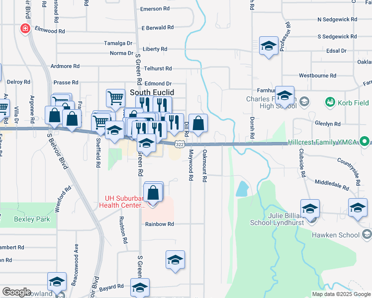 map of restaurants, bars, coffee shops, grocery stores, and more near 4549 Mayfield Road in South Euclid