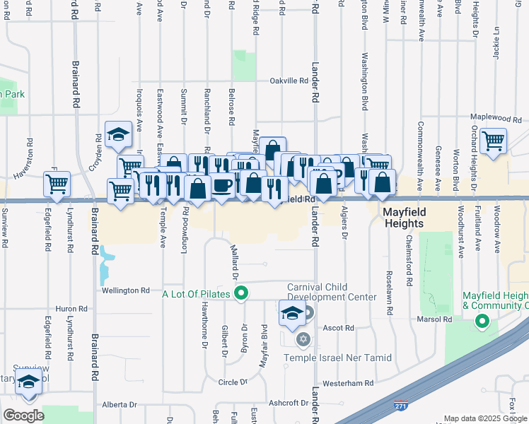 map of restaurants, bars, coffee shops, grocery stores, and more near 5931 Mayfield Road in Mayfield Heights