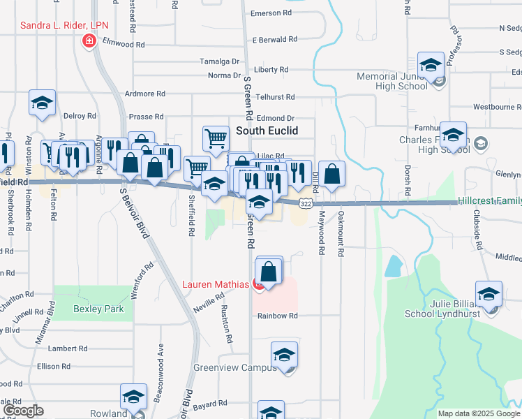 map of restaurants, bars, coffee shops, grocery stores, and more near 4473 Mayfield Road in Cleveland