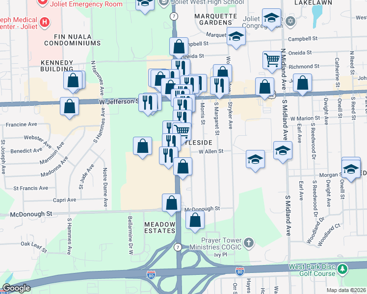 map of restaurants, bars, coffee shops, grocery stores, and more near 120 South Larkin Avenue in Joliet