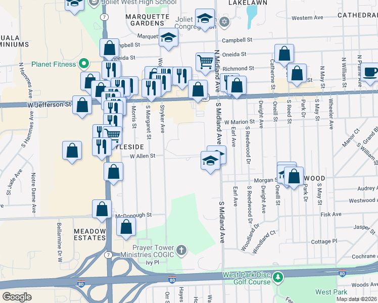map of restaurants, bars, coffee shops, grocery stores, and more near 1500 Woodbridge Road in Joliet