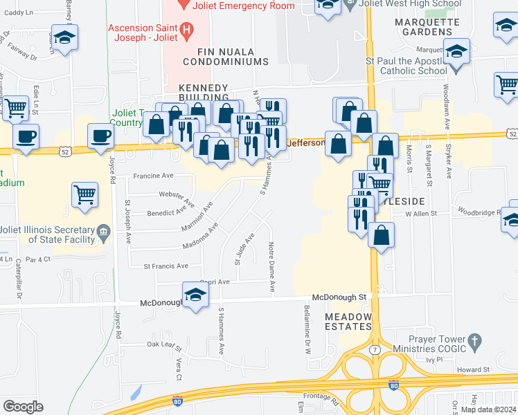 map of restaurants, bars, coffee shops, grocery stores, and more near 120 South Hammes Avenue in Joliet