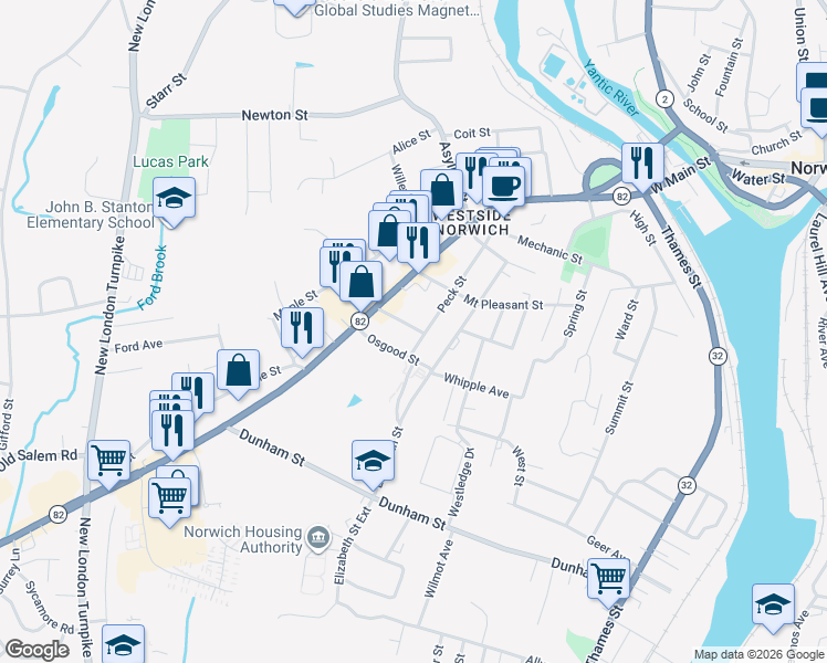 map of restaurants, bars, coffee shops, grocery stores, and more near 37 Beckwith Street in Norwich