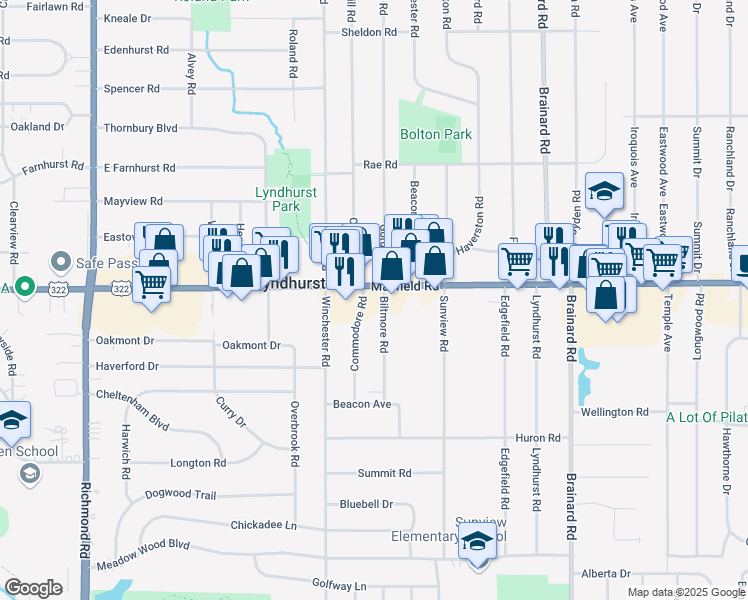 map of restaurants, bars, coffee shops, grocery stores, and more near in Lyndhurst