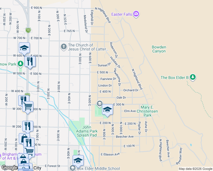 map of restaurants, bars, coffee shops, grocery stores, and more near 810 Fairview Drive in Brigham City