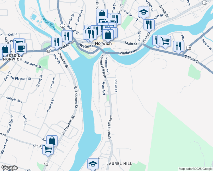 map of restaurants, bars, coffee shops, grocery stores, and more near 104 Laurel Hill Avenue in Norwich