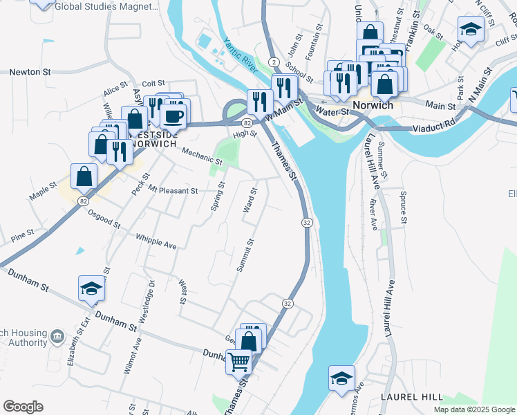 map of restaurants, bars, coffee shops, grocery stores, and more near 69 Summit Street in Norwich