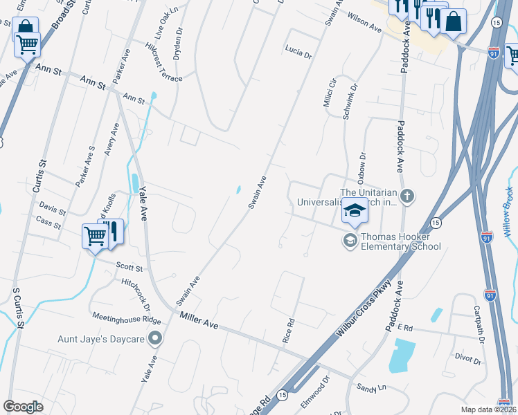 map of restaurants, bars, coffee shops, grocery stores, and more near 382 Swain Avenue in Meriden