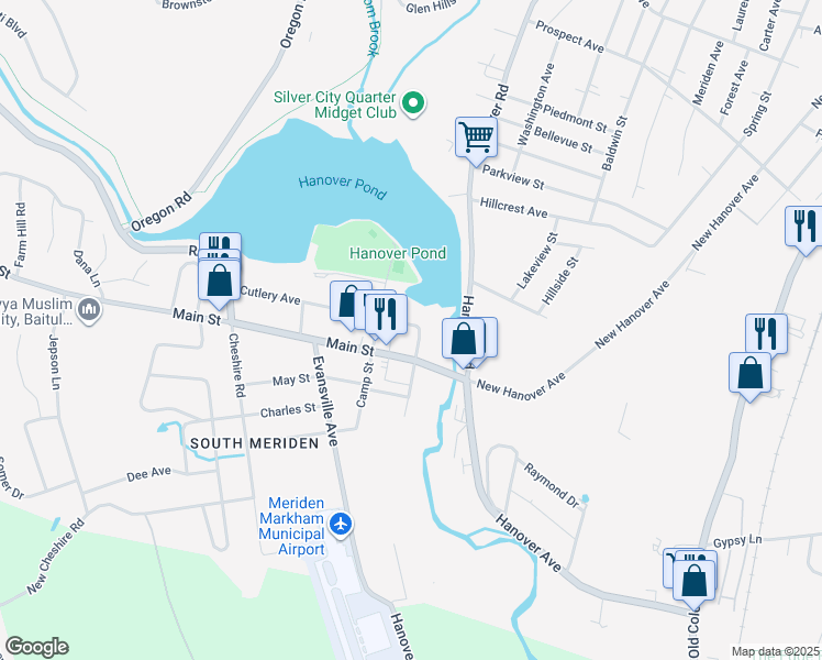 map of restaurants, bars, coffee shops, grocery stores, and more near 27 Cutlery Avenue in Meriden