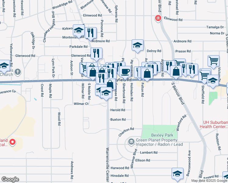map of restaurants, bars, coffee shops, grocery stores, and more near 1470 Genesee Road in South Euclid
