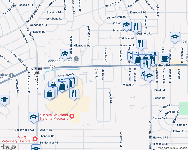 map of restaurants, bars, coffee shops, grocery stores, and more near 1468 Crest Road in Cleveland Heights