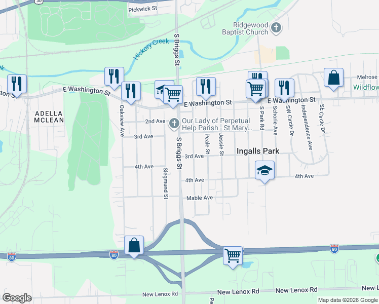 map of restaurants, bars, coffee shops, grocery stores, and more near 210 South Briggs Street in Joliet