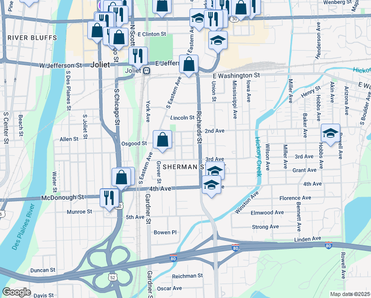 map of restaurants, bars, coffee shops, grocery stores, and more near 207 Mound Street in Joliet
