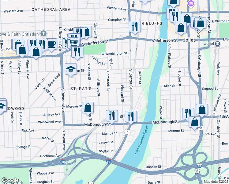 map of restaurants, bars, coffee shops, grocery stores, and more near 201 Hyde Park Avenue in Joliet