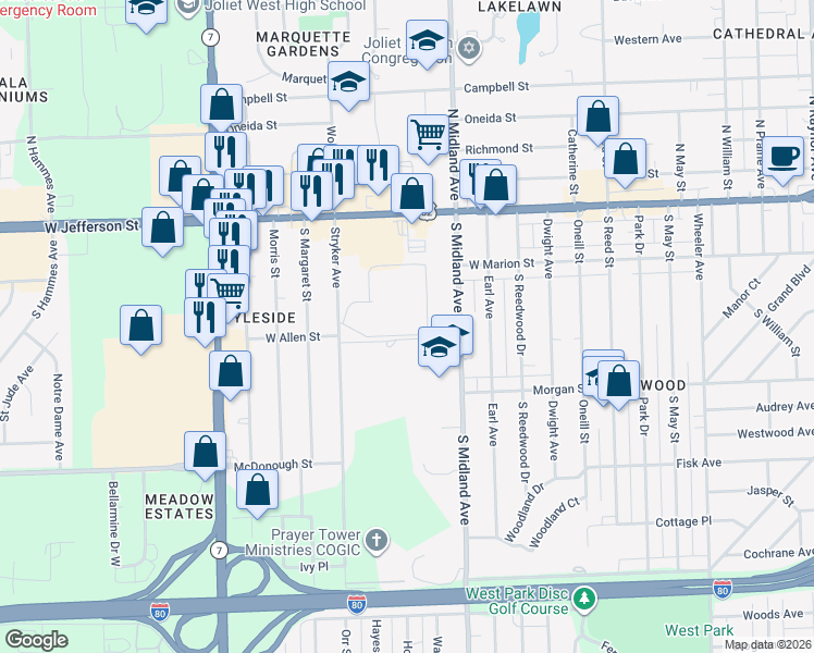 map of restaurants, bars, coffee shops, grocery stores, and more near 1500 Woodbridge Road in Joliet