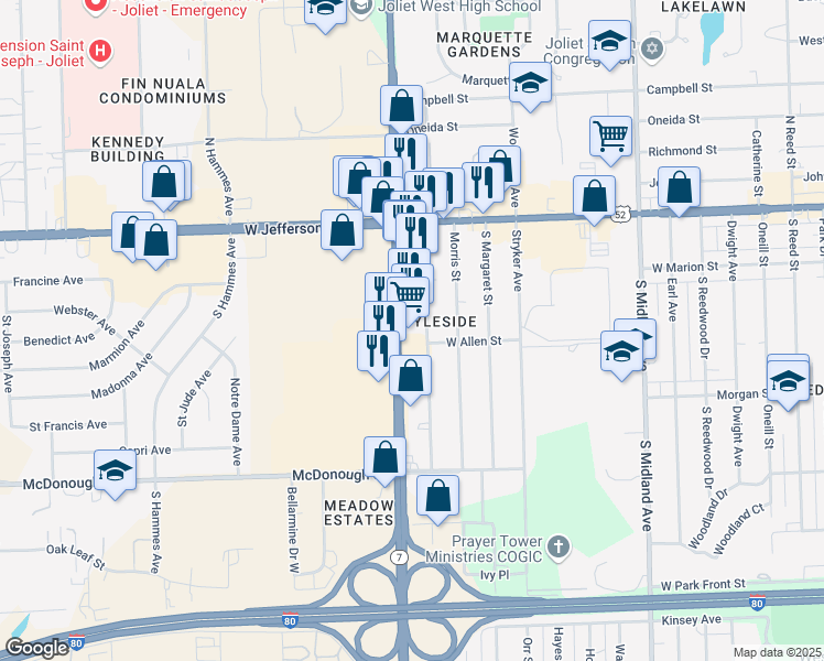 map of restaurants, bars, coffee shops, grocery stores, and more near 112 Emery Street in Joliet