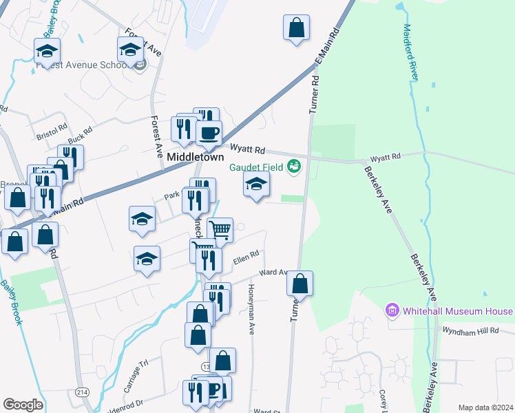 map of restaurants, bars, coffee shops, grocery stores, and more near 1113 Aquidneck Avenue in Middletown