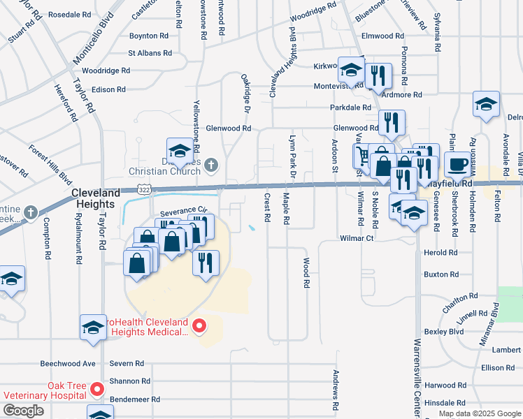 map of restaurants, bars, coffee shops, grocery stores, and more near 1468 Crest Road in Cleveland Heights