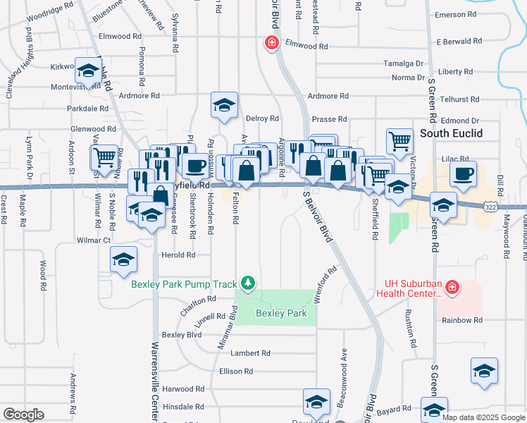 map of restaurants, bars, coffee shops, grocery stores, and more near 1485 Maplegrove Road in South Euclid