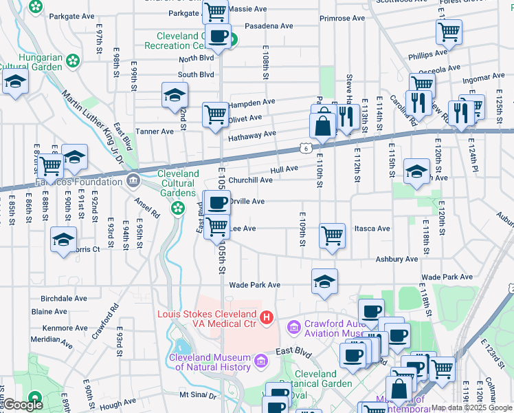 map of restaurants, bars, coffee shops, grocery stores, and more near 10626 Orville Avenue in Cleveland
