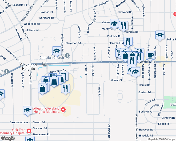 map of restaurants, bars, coffee shops, grocery stores, and more near 1468 Crest Road in Cleveland Heights