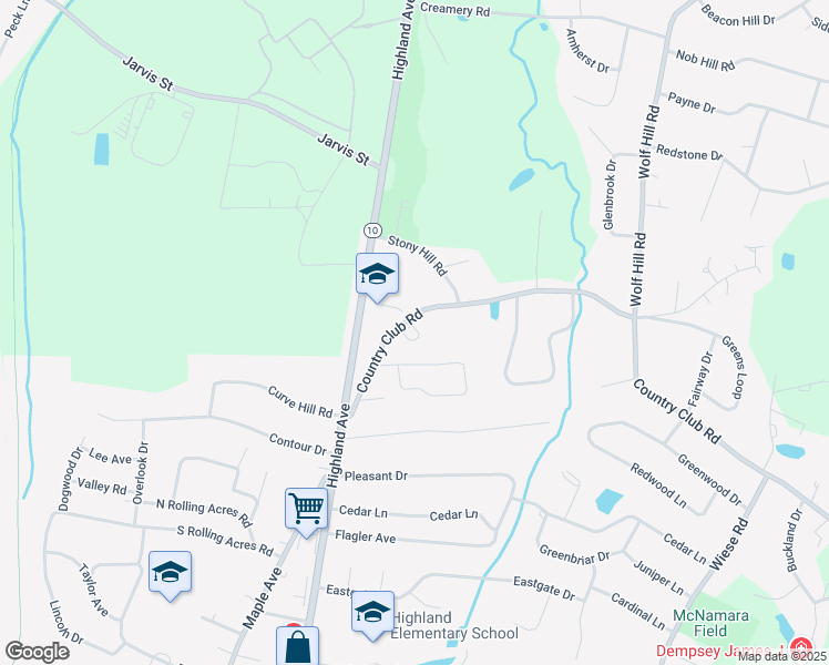 map of restaurants, bars, coffee shops, grocery stores, and more near 55 Country Club Road in Cheshire
