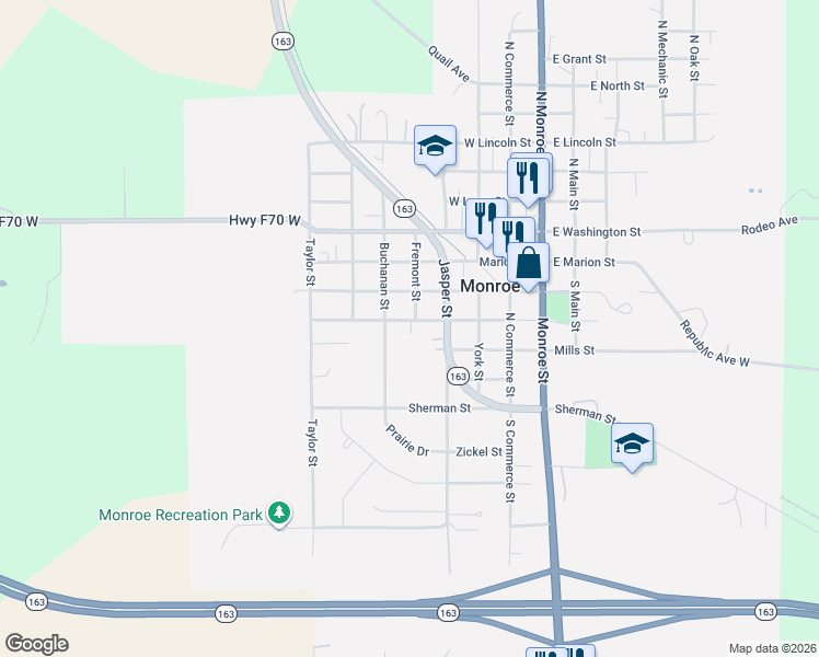 map of restaurants, bars, coffee shops, grocery stores, and more near 313 West South Street in Monroe
