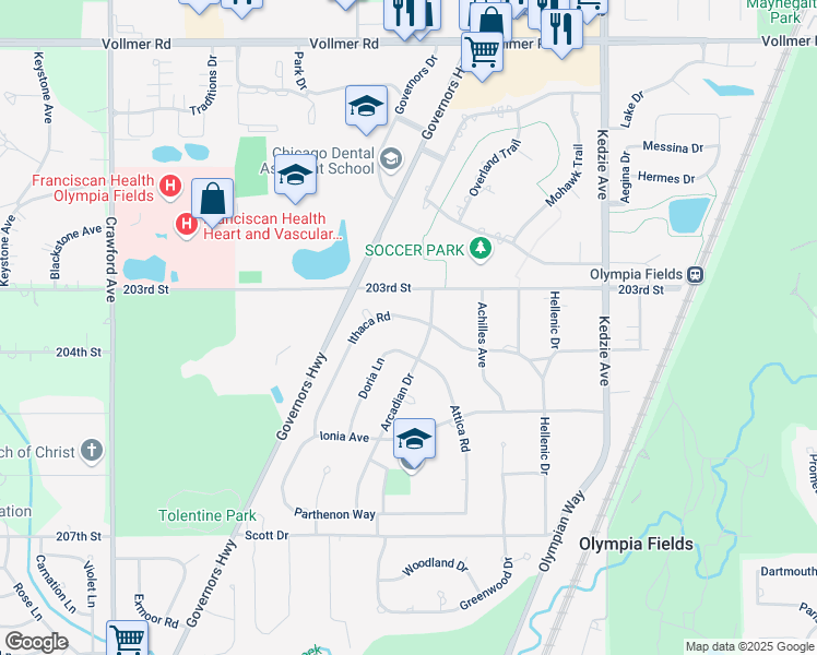 map of restaurants, bars, coffee shops, grocery stores, and more near 3515 Ithaca Road in Olympia Fields