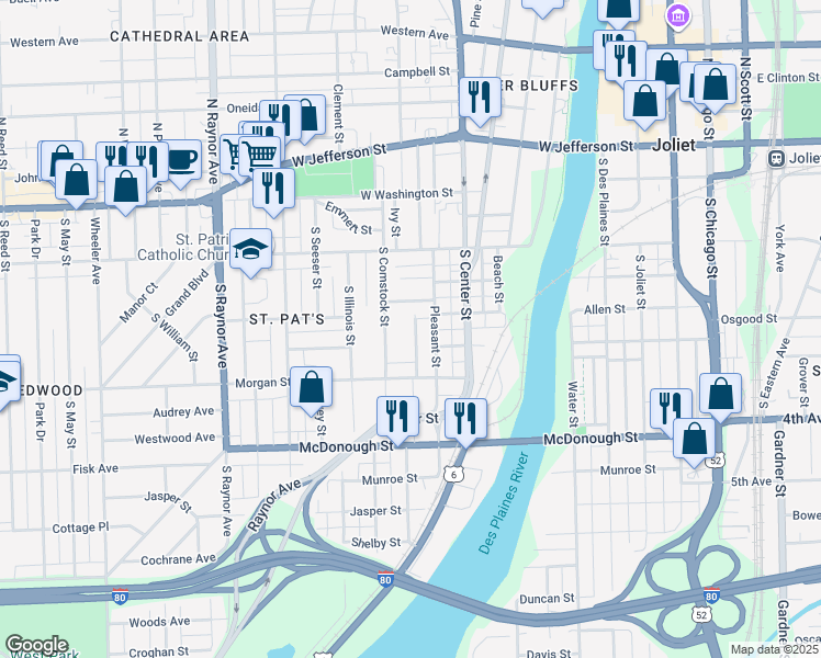 map of restaurants, bars, coffee shops, grocery stores, and more near 211 Hyde Park Avenue in Joliet