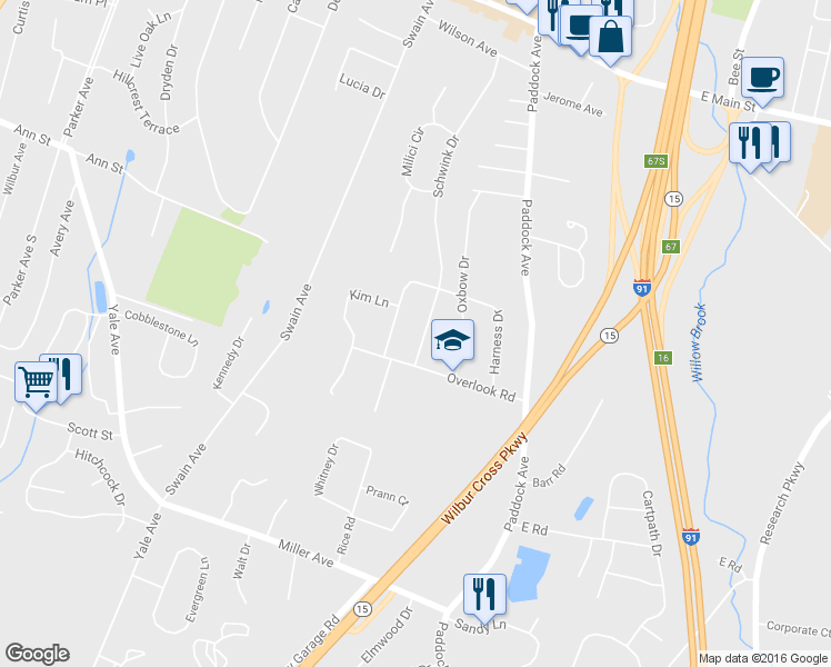 map of restaurants, bars, coffee shops, grocery stores, and more near 32 Hawthorne Terrace in Meriden