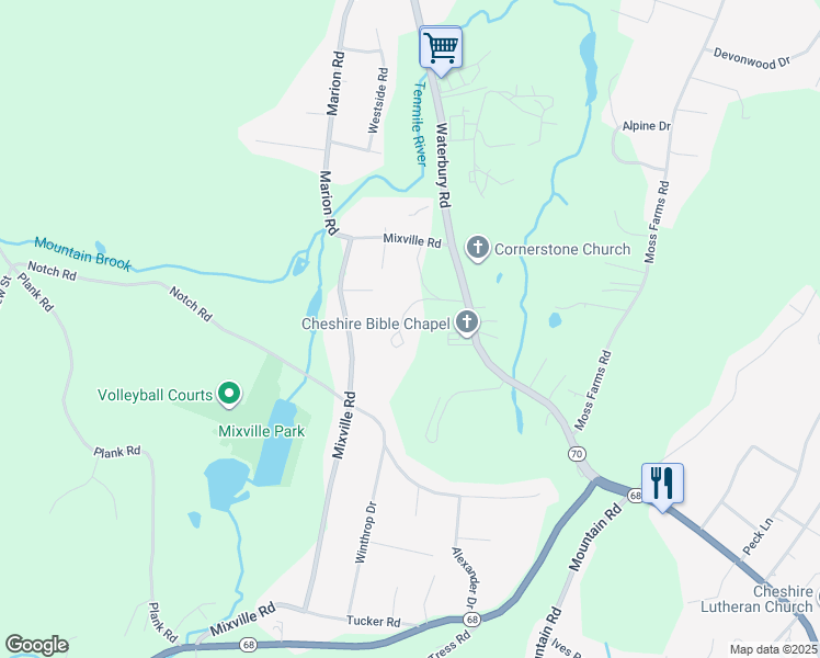 map of restaurants, bars, coffee shops, grocery stores, and more near 1127 Waterbury Road in Cheshire