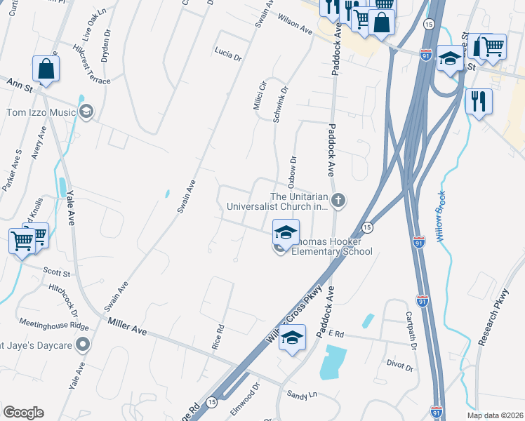 map of restaurants, bars, coffee shops, grocery stores, and more near 32 Hawthorne Terrace in Meriden