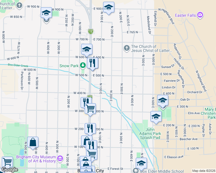 map of restaurants, bars, coffee shops, grocery stores, and more near 448 North 200 East in Brigham City