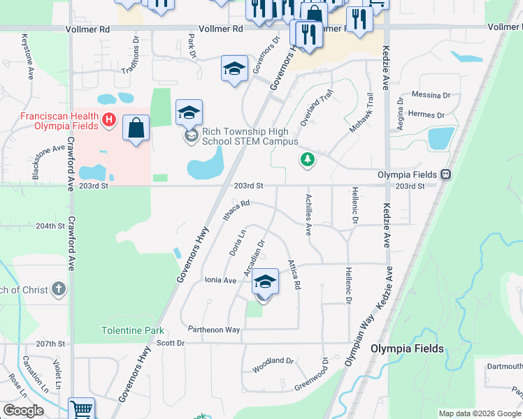 map of restaurants, bars, coffee shops, grocery stores, and more near 3506 Ithaca Road in Olympia Fields