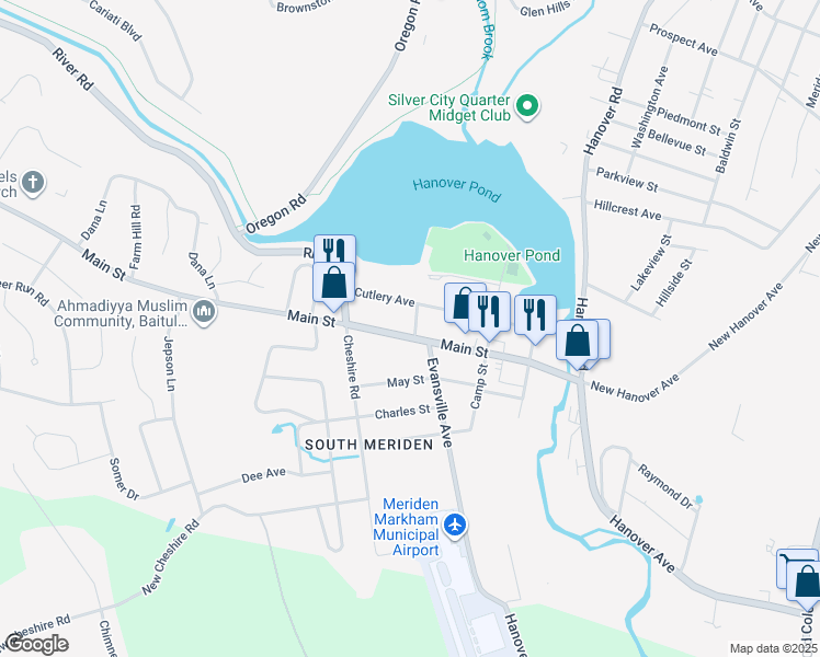 map of restaurants, bars, coffee shops, grocery stores, and more near 154 Cutlery Avenue in Meriden